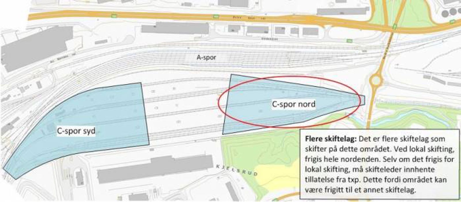 Kartskisse over sporområdet med C-spor nord markert.