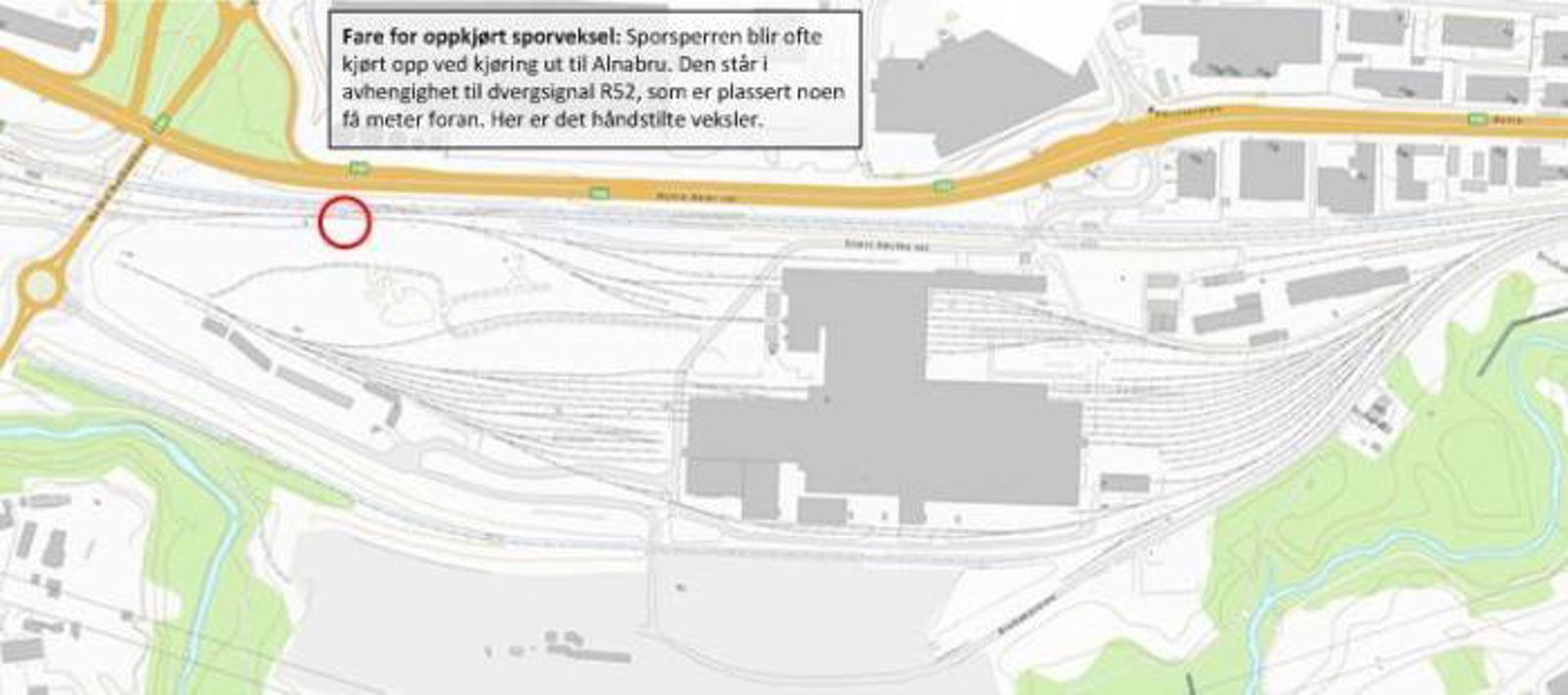 Kartskisse med markert punkt for fare ved oppkjørt sporveksel.