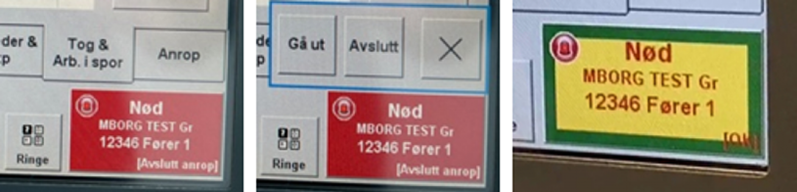 Tre skjermer viser avslutning av nødanrop i togradioterminal, med rød og gul knapp
