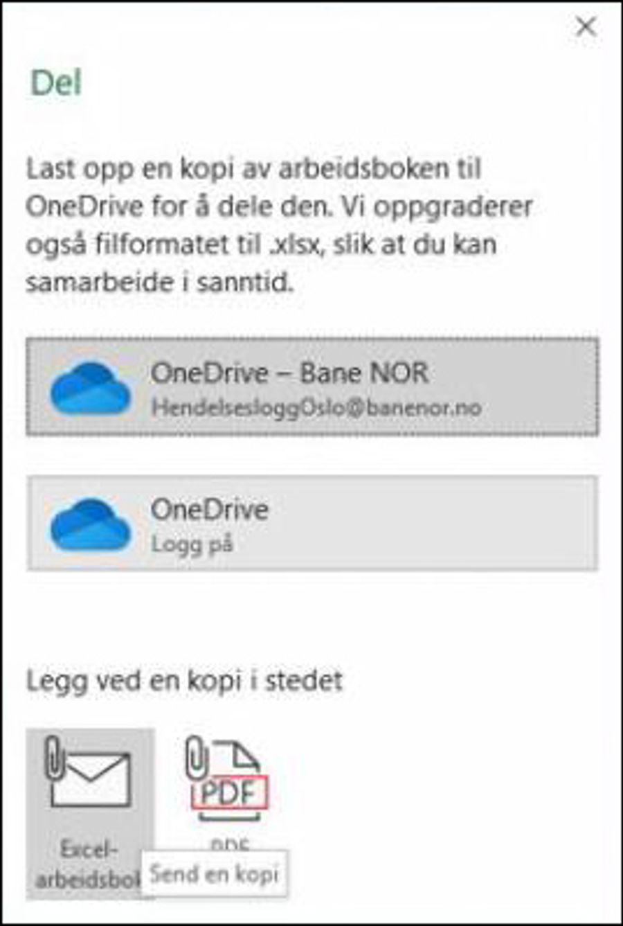 Velg Excel-arbeidsbok under Legg ved en kopi i stedet