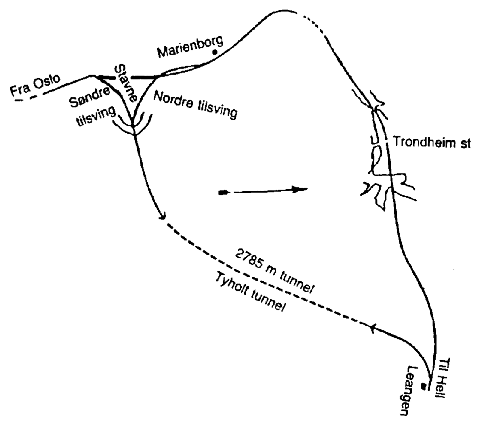 Kartskisse over Stavne–Leangenbanen med tilslutninger og Tyholt tunnel
