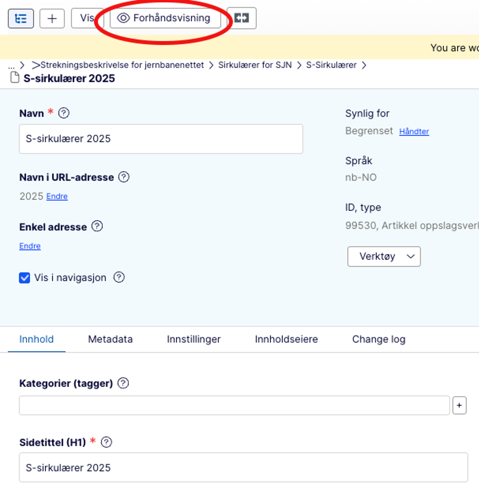 Skjermbilde av Optimizely med knappen Forhåndsvisning markert