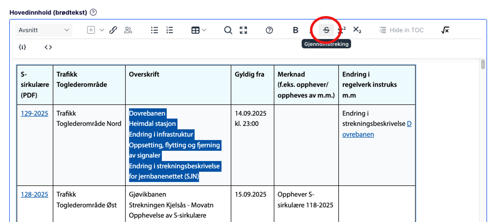 Skjermbilde av hovedinnholdfeltet i Optimizely med knappen for gjennomstrekning markert