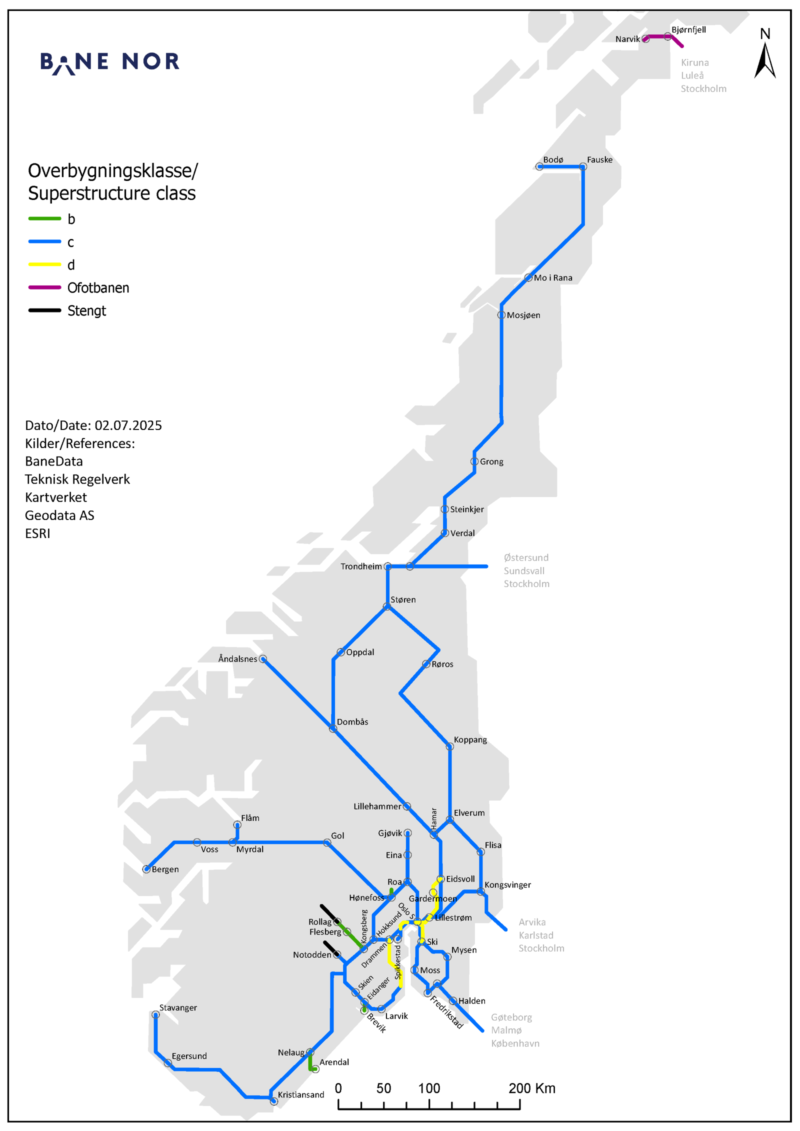 Illustrasjon: Norgeskart viser togstrekningene i Norge og deres tilhørende overbygningsklasser.