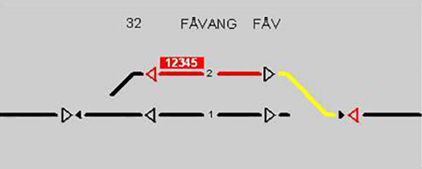 Oversikt over stasjon med rødt avvikspor, rød boks 12345, gul linje og rød pil til høyre