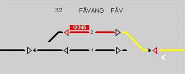 Oversikt over stasjon med rødt avvikspor, rød boks 12345 og overgang til gul linje til høyre