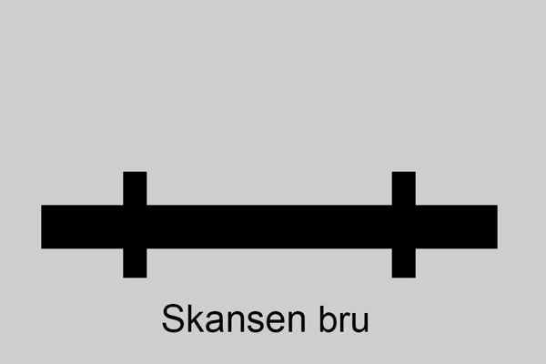 Sort horisontal linje med to tverrstreker og bruas navn som tekst under