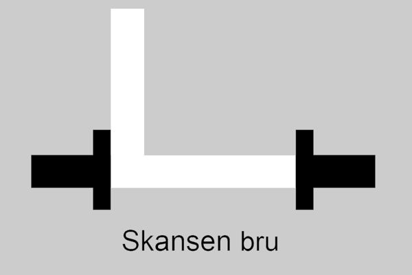 To sorte liggende T-former med hvit vinkel imellom, bruas navn som tekst under