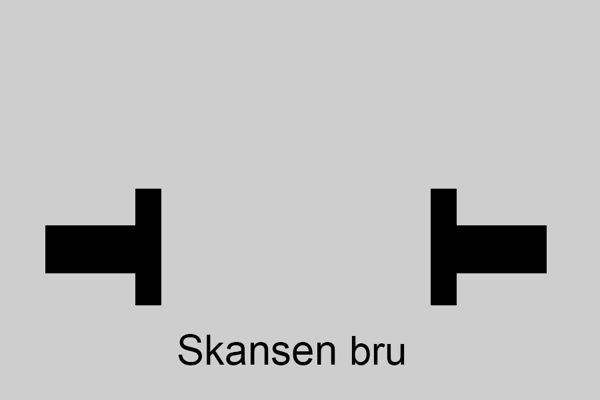 To sorte liggende T-former med bruas navn som tekst under