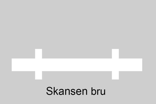 Hvit horisontal linje med to tverrstreker og bruas navn som tekst under