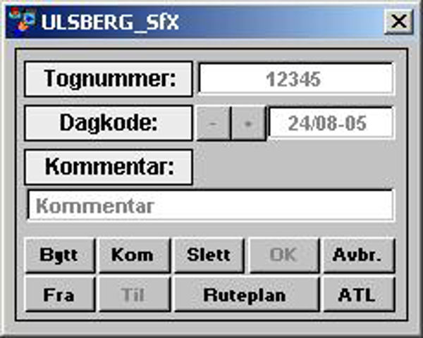 Ordrepanel for tognummer med felt for tognummer, dagkode og kommentar samt aktive knapper