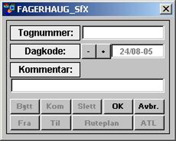 Ordrepanel for tognummer med felt for tognummer, dagkode og kommentar, samt flere knapper