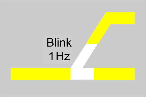 Gul linje opp mot høyre med hvit midtdel merket Blink 1 Hz og gul strek under