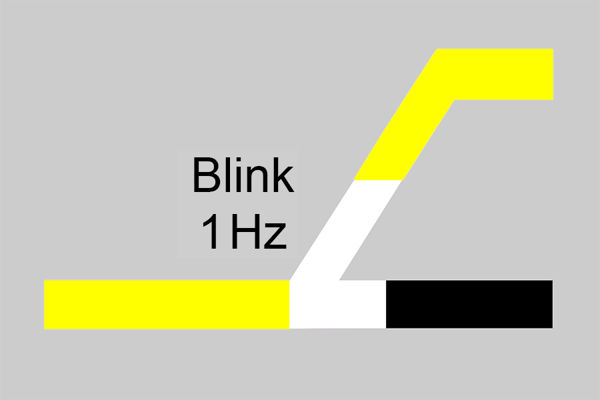 Gul linje opp mot høyre med hvit midtdel merket Blink 1 Hz og sort strek under høyre del