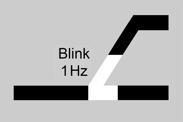 Sort linje som skrår opp mot høyre med hvit overgang merket «Blink 1 Hz»