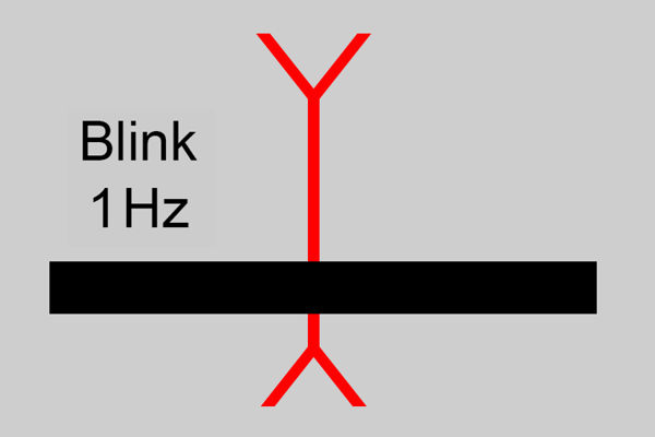 Horisontal strek krysses av vertikal strek med vinkler i begge ender, tekst Blink 1 Hz